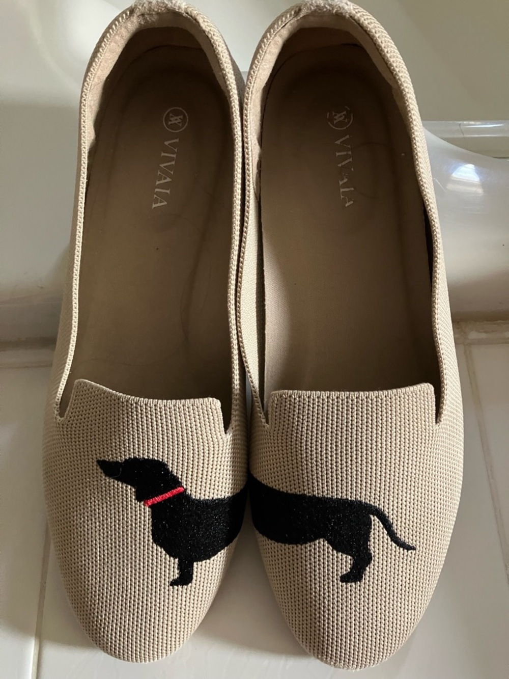 Vivaia Beige Knit Loafers with Dachshund Design